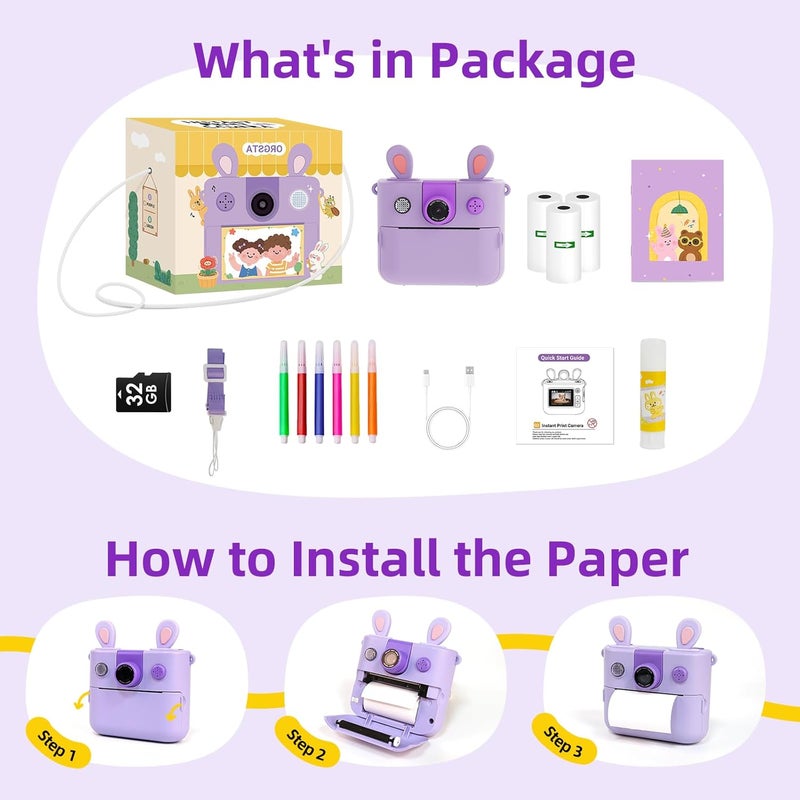 FOUGSTA Kids Instant Print Camera for Boys and Girls 1080P HD Toddler Digital Camera with 3 Rolls Print Paper&32G Card, Christmas Birthday Gift Toys for Age 3-16 Kids Portable Travel Digital Camera Toy - Image 3